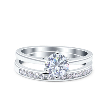 Two Piece Art Deco Wedding Bridal Ring Round Simulated Cubic Zirconia 925 Sterling Silver